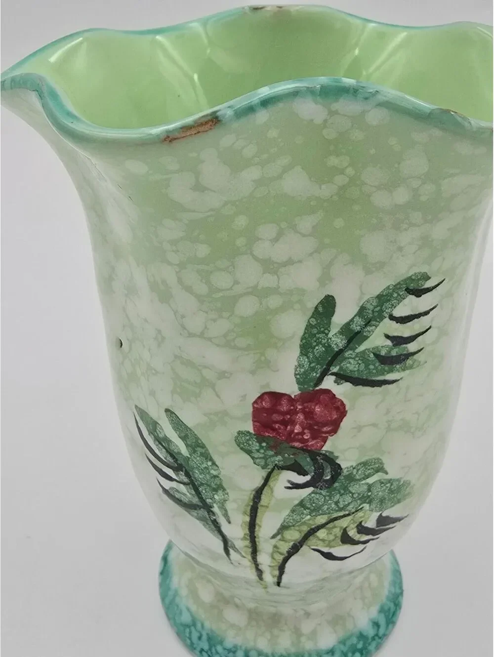 Vintage Hand-Painted Italian Floral Vase – Green Art Pottery Pedestal Vase